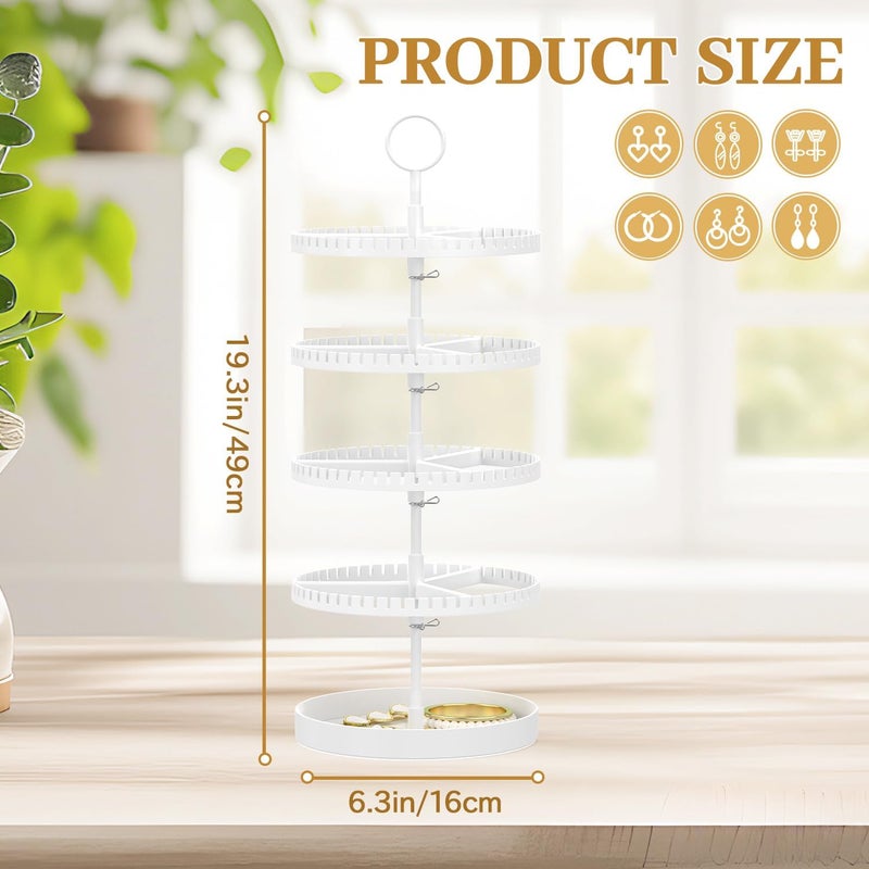 MODOWEY 4 Tier Rotating Earring Holder Organizer Display Tree with Metal Tray, Adjustable Plastic Stand with 228 Slots for Stud Hoop Hanger, Large Capacity Storage Rack for Women Space Saving, White - Image 3